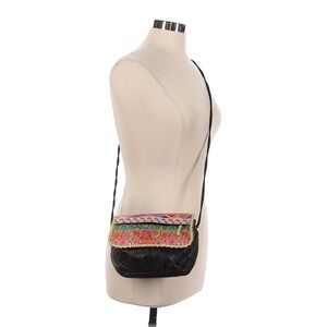 Boho Tapestry Floral Beaded Black Leather Crossbody Bag Festival Hippie Slouchy
